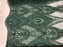 Hunter Green Beaded Embroidered Fancy Damask Spikes Pattern Fabric - Embroidery Fabric Beaded Mesh Material Sold in Many Colors by The Yard