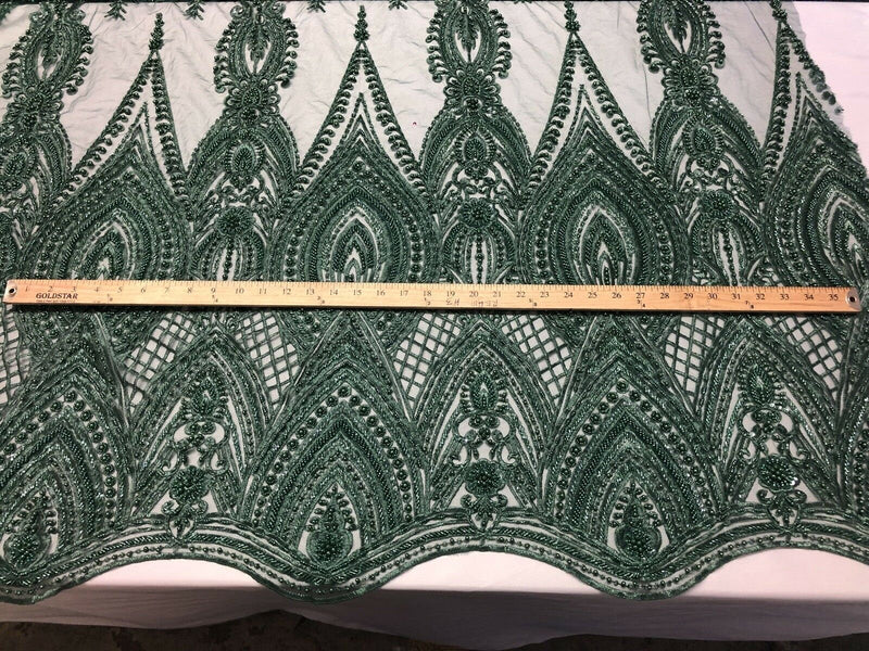 Hunter Green Beaded Embroidered Fancy Damask Spikes Pattern Fabric - Embroidery Fabric Beaded Mesh Material Sold in Many Colors by The Yard