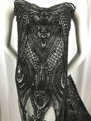 Black Beaded Embroidered Fancy Damask Spikes Pattern Fabric - Embroidery Fabric Beaded Mesh Material Sold in Many Colors by The Yard