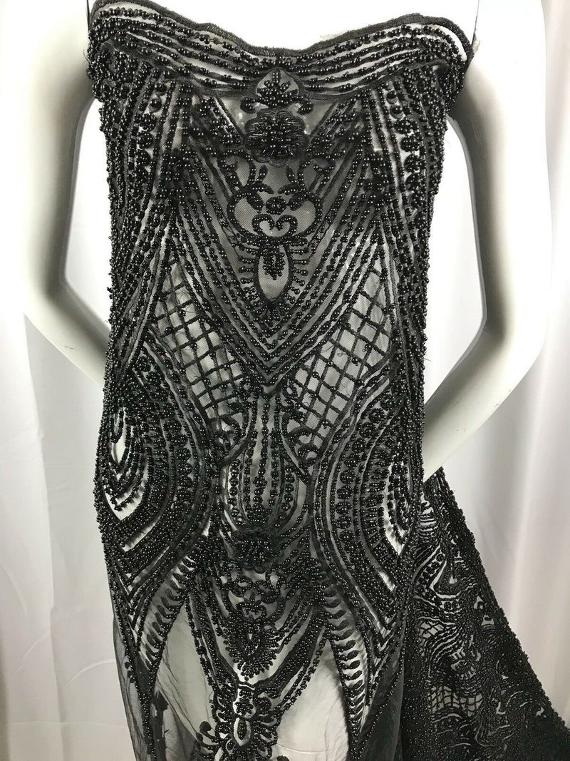 Black Beaded Embroidered Fancy Damask Spikes Pattern Fabric - Embroidery Fabric Beaded Mesh Material Sold in Many Colors by The Yard