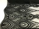 Black Beaded Embroidered Fancy Damask Spikes Pattern Fabric - Embroidery Fabric Beaded Mesh Material Sold in Many Colors by The Yard
