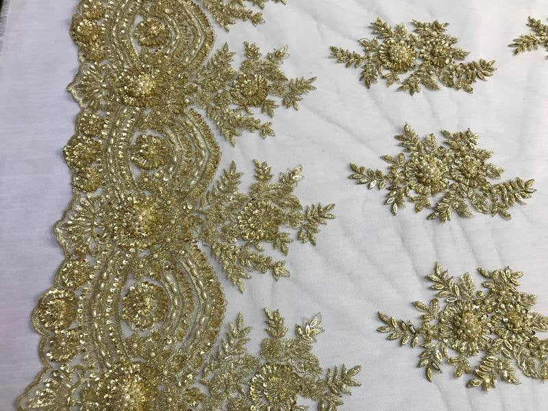 Gold Hand Beaded Lace, Embroidered Floral Design Fancy Sequins Fabric with Beads Sold in Many Colors By The Yard