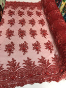 Red Hand Beaded Lace, Embroidered Floral Design Fancy Sequins Fabric with Beads Sold in Many Colors By The Yard