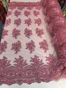 Dusty Rose Hand Beaded Lace, Embroidered Floral Design Fancy Sequins Fabric with Beads Sold in Many Colors By The Yard
