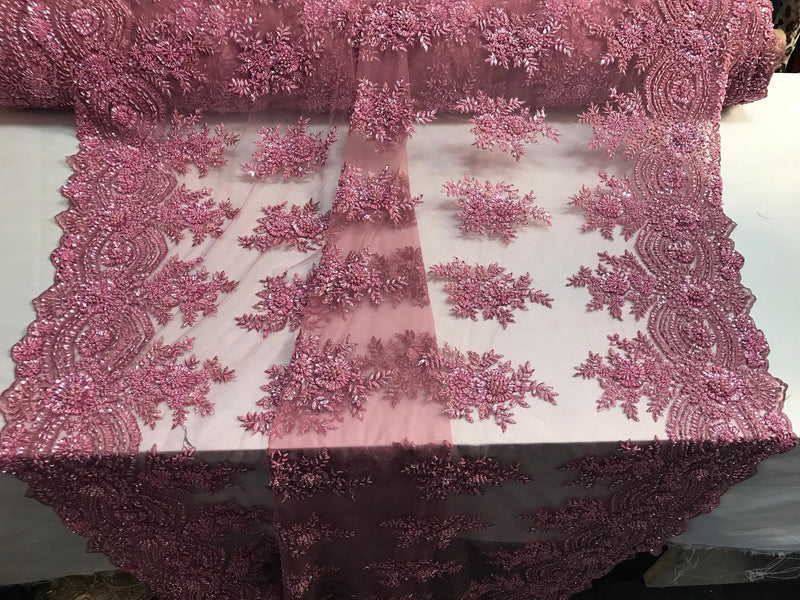 Dusty Rose Hand Beaded Lace, Embroidered Floral Design Fancy Sequins Fabric with Beads Sold in Many Colors By The Yard