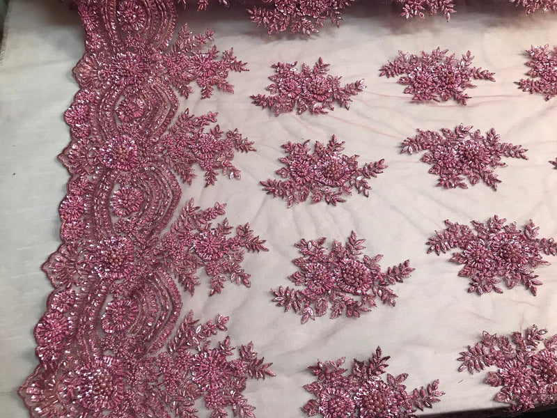 Dusty Rose Hand Beaded Lace, Embroidered Floral Design Fancy Sequins Fabric with Beads Sold in Many Colors By The Yard