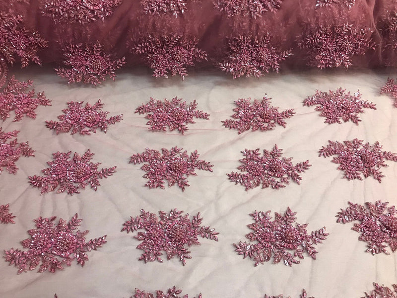 Dusty Rose Hand Beaded Lace, Embroidered Floral Design Fancy Sequins Fabric with Beads Sold in Many Colors By The Yard