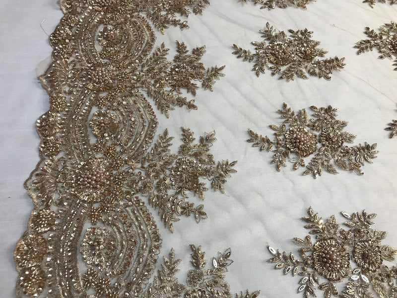 Skin Hand Beaded Lace, Embroidered Floral Design Fancy Sequins Fabric with Beads Sold in Many Colors By The Yard