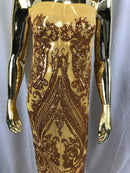 Gold Sequin, Damask Design - 4 Way Stretch Sequin Fabric Spandex Mesh-Prom-Gown By The Yard