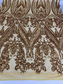 Gold Sequin, Damask Design - 4 Way Stretch Sequin Fabric Spandex Mesh-Prom-Gown By The Yard