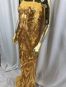 Gold Sequin, Damask Design - 4 Way Stretch Sequin Fabric Spandex Mesh-Prom-Gown By The Yard