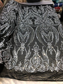 Silver Sequin, Black Mesh Damask Design - 4 Way Stretch Sequin Fabric Spandex Mesh-Prom-Gown By The Yard
