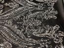 Silver Sequin, Black Mesh Damask Design - 4 Way Stretch Sequin Fabric Spandex Mesh-Prom-Gown By The Yard
