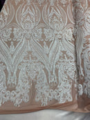 White Sequin, Blush Mesh Damask Design - 4 Way Stretch Sequin Fabric on a Spandex Mesh-Prom-Gown By The Yard