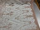 White Sequin, Blush Mesh Damask Design - 4 Way Stretch Sequin Fabric on a Spandex Mesh-Prom-Gown By The Yard
