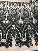 Black Sequin, Blush Mesh Damask Design - 4 Way Stretch Sequin Fabric on a Spandex Mesh-Prom-Gown By The Yard