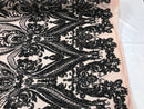 Black Sequin, Blush Mesh Damask Design - 4 Way Stretch Sequin Fabric on a Spandex Mesh-Prom-Gown By The Yard