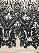 Black Sequin, Blush Mesh Damask Design - 4 Way Stretch Sequin Fabric on a Spandex Mesh-Prom-Gown By The Yard
