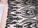 Black Sequin, Blush Mesh Damask Design - 4 Way Stretch Sequin Fabric on a Spandex Mesh-Prom-Gown By The Yard