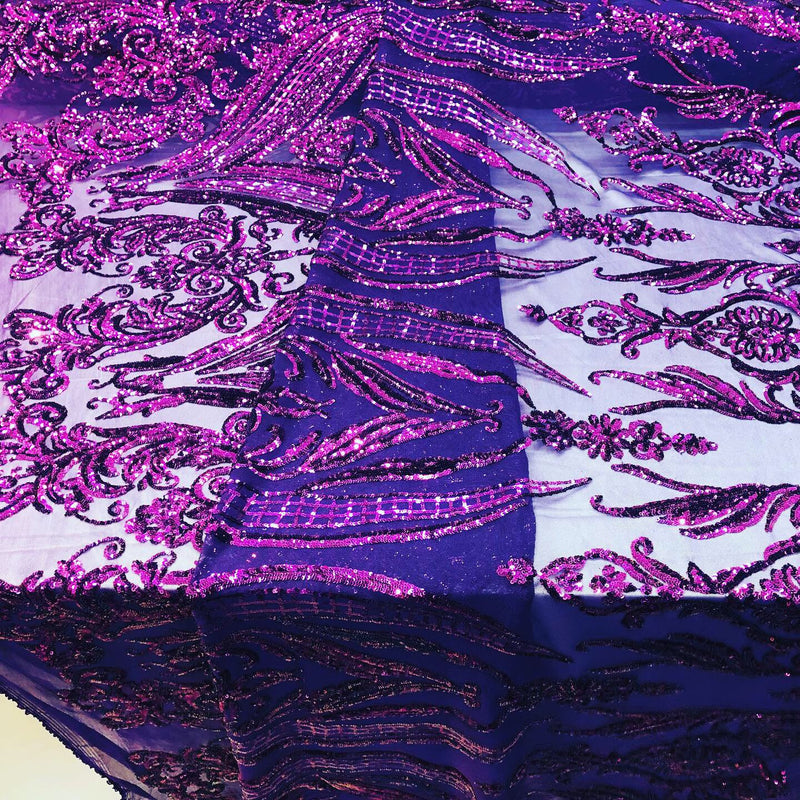 Plum Sequin, Damask Design - 4 Way Stretch Sequin Fabric on a Spandex Mesh-Prom-Gown By The Yard