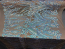 Sequins Fabric - Iridescent Aqua - Damask Design 4 Way Stretch Sequin Fabric By The Yard