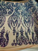Iridescent Lavander Sequins Fabric, Damask Design 4 Way Stretch Sequin Fabric on a Spandex Mesh-Prom-Gown By The Yard