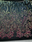 Iridescent Rainbow Sequins Fabric, Damask Design 4 Way Stretch Sequin Fabric on a Spandex Mesh-Prom-Gown By The Yard