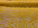 Iridescent Yellow Sequins Fabric, Damask Design 4 Way Stretch Sequin Fabric on a Spandex Mesh-Prom-Gown By The Yard