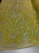 Iridescent Yellow Sequins Fabric, Damask Design 4 Way Stretch Sequin Fabric on a Spandex Mesh-Prom-Gown By The Yard