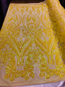 Iridescent Yellow Sequins Fabric, Damask Design 4 Way Stretch Sequin Fabric on a Spandex Mesh-Prom-Gown By The Yard