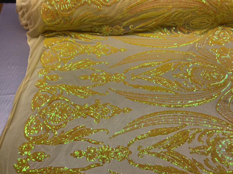 Iridescent Yellow Sequins Fabric, Damask Design 4 Way Stretch Sequin Fabric on a Spandex Mesh-Prom-Gown By The Yard