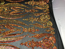 Iridescent Orange Sequins Fabric, Damask Design 4 Way Stretch Sequin Fabric on a Black Spandex Mesh-Prom-Gown By The Yard