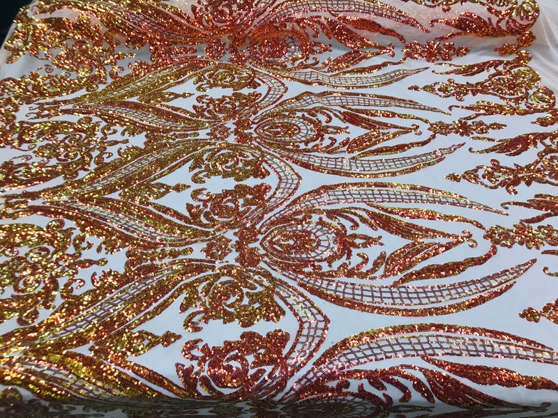 Iridescent Orange Sequins Fabric, Damask Design 4 Way Stretch Sequin Fabric on a Nude Spandex Mesh-Prom-Gown By The Yard