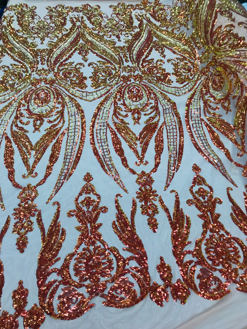 Iridescent Orange Sequins Fabric, Damask Design 4 Way Stretch Sequin Fabric on a Nude Spandex Mesh-Prom-Gown By The Yard