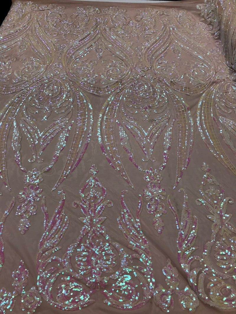 Iridescent Pink Sequins Fabric, Damask Design 4 Way Stretch Sequin Fabric on a Nude Spandex Mesh-Prom-Gown By The Yard