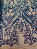 Iridescent Lavender Sequins Fabric, Damask Design 4 Way Stretch Sequin Fabric on Skin  Mesh-Prom-Gown By The Yard