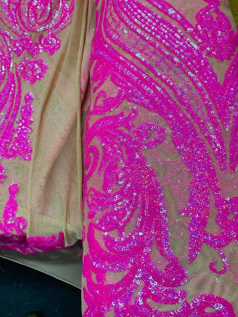Neon Pink Sequins Fabric, Skin Mesh - Damask Design 4 Way Stretch Sequin Fabric on a Mesh-Prom-Gown By The Yard