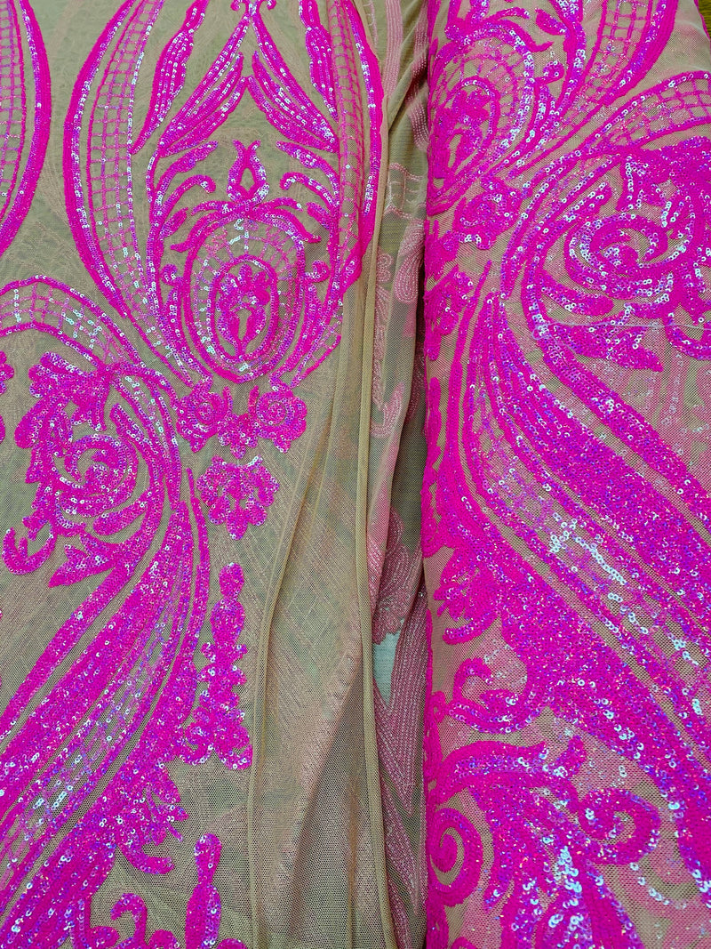 Neon Pink Sequins Fabric, Skin Mesh - Damask Design 4 Way Stretch Sequin Fabric on a Mesh-Prom-Gown By The Yard