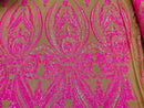 Neon Pink Sequins Fabric, Skin Mesh - Damask Design 4 Way Stretch Sequin Fabric on a Mesh-Prom-Gown By The Yard