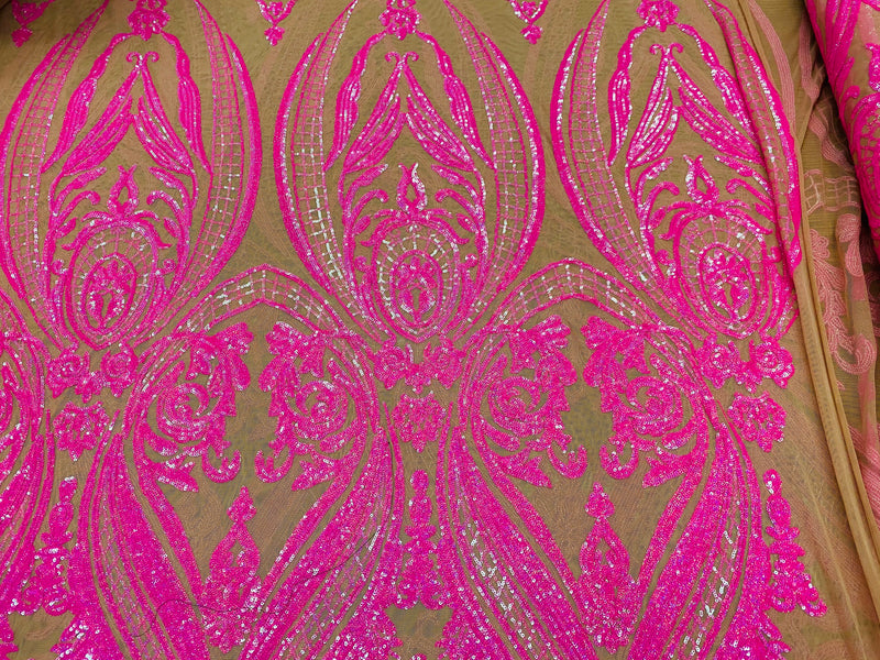 Neon Pink Sequins Fabric, Skin Mesh - Damask Design 4 Way Stretch Sequin Fabric on a Mesh-Prom-Gown By The Yard