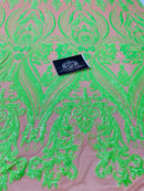 Neon Green Sequins Fabric, Skin Mesh - Damask Design 4 Way Stretch Sequin Fabric on a Mesh-Prom-Gown By The Yard