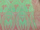 Neon Green Sequins Fabric, Skin Mesh - Damask Design 4 Way Stretch Sequin Fabric on a Mesh-Prom-Gown By The Yard
