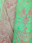 Neon Green Sequins Fabric, Skin Mesh - Damask Design 4 Way Stretch Sequin Fabric on a Mesh-Prom-Gown By The Yard