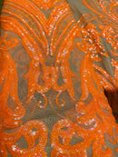 Neon Orange Sequins Fabric, Skin Mesh - Damask Design 4 Way Stretch Sequin Fabric on a Mesh-Prom-Gown By The Yard