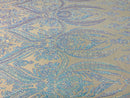 Aqua iridescent Sequins Fabric, Lt Nude Mesh - Damask Design 4 Way Stretch Sequin Fabric on a Mesh-Prom-Gown By The Yard