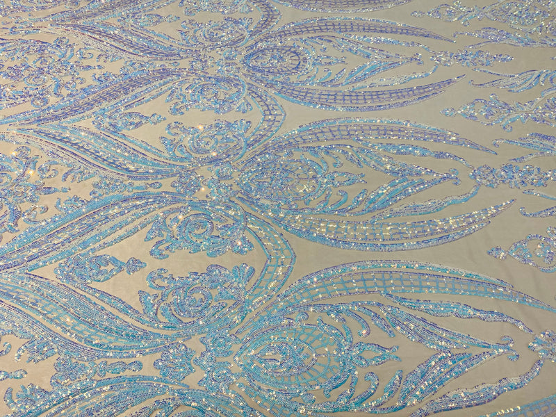 Aqua iridescent Sequins Fabric, Lt Nude Mesh - Damask Design 4 Way Stretch Sequin Fabric on a Mesh-Prom-Gown By The Yard