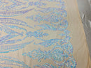 Aqua iridescent Sequins Fabric, Lt Nude Mesh - Damask Design 4 Way Stretch Sequin Fabric on a Mesh-Prom-Gown By The Yard