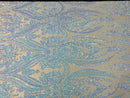 Aqua iridescent Sequins Fabric, Lt Nude Mesh - Damask Design 4 Way Stretch Sequin Fabric on a Mesh-Prom-Gown By The Yard