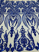 Royal Blue Embroidered Sequins Fabric, Damask Design 4 Way Stretch Sequin Fabric Lt Nude Mesh-Prom-Gown By The Yard