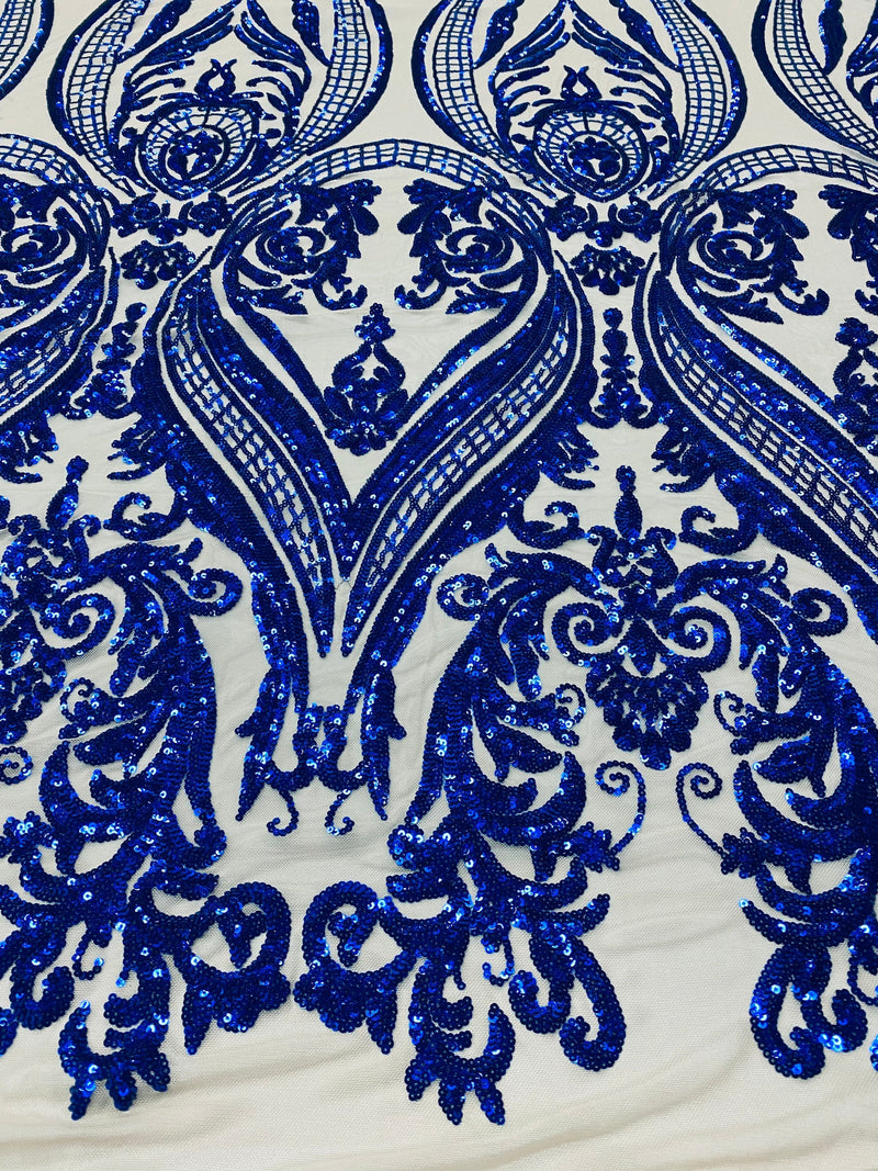 Royal Blue Embroidered Sequins Fabric, Damask Design 4 Way Stretch Sequin Fabric Lt Nude Mesh-Prom-Gown By The Yard